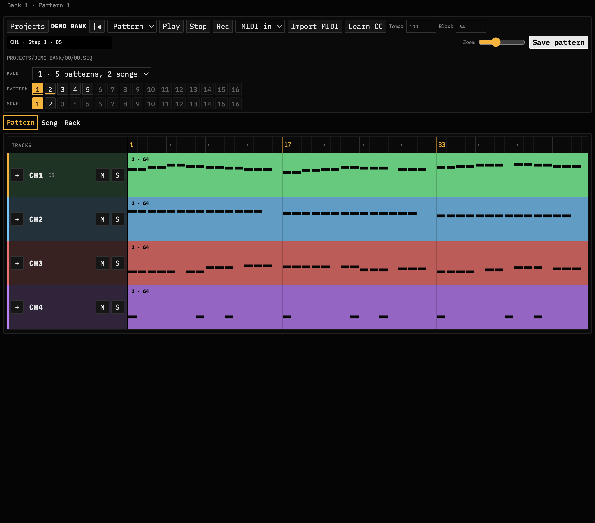 Pattern editor with four channel lanes, transport, and bank/pattern selectors