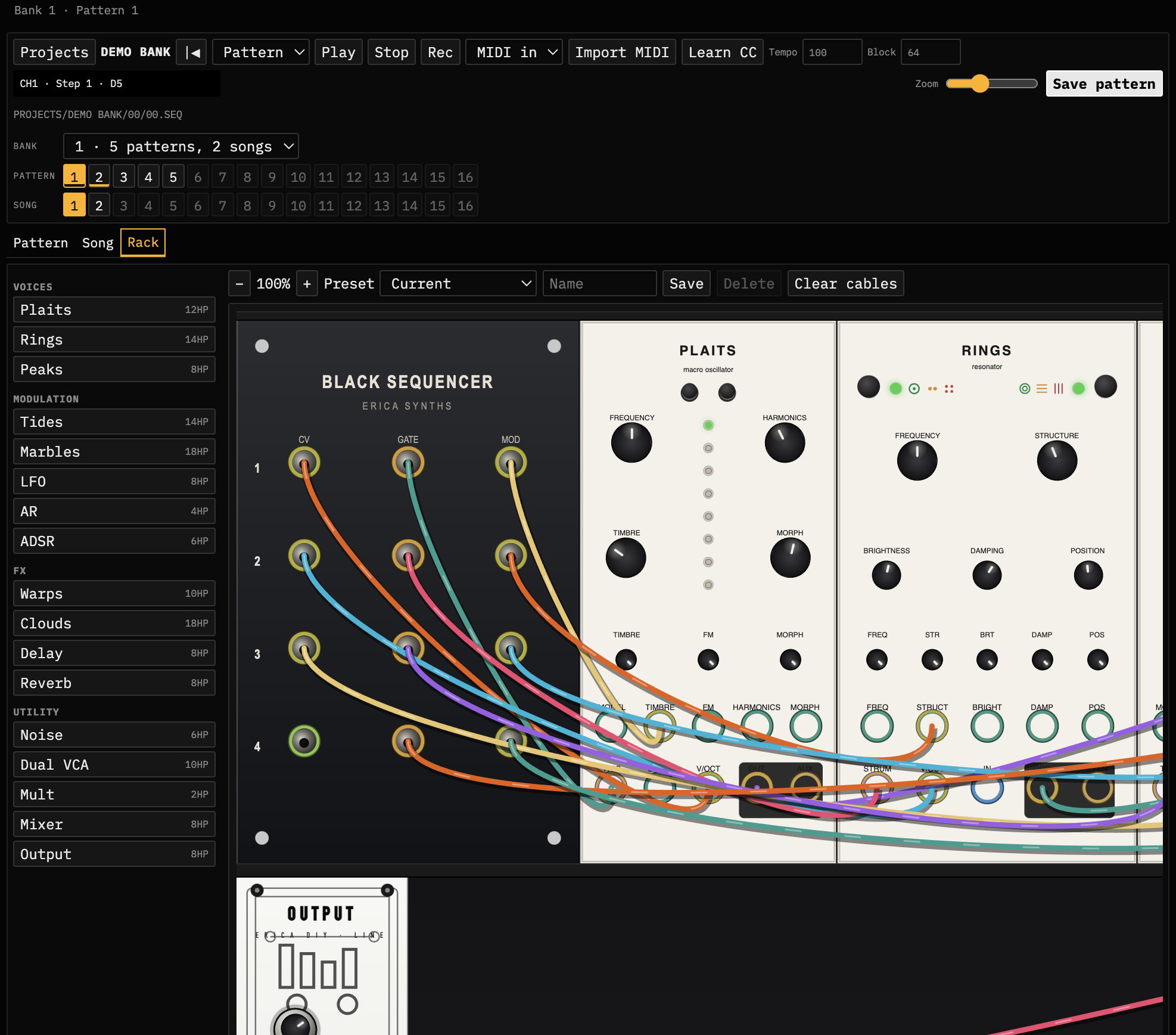 Virtual eurorack rack with Black Sequencer CV/gate/mod patched into Plaits and Rings