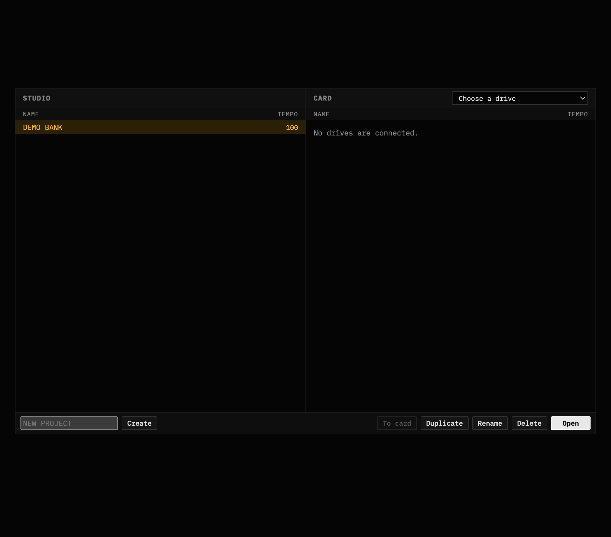 Studio and Card project browser with DEMO BANK selected